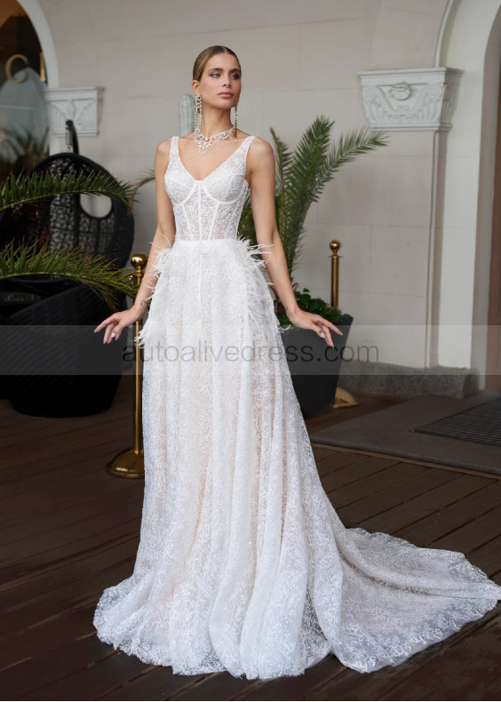 V Neck Ivory Lace Feather Luxury Wedding Dress
